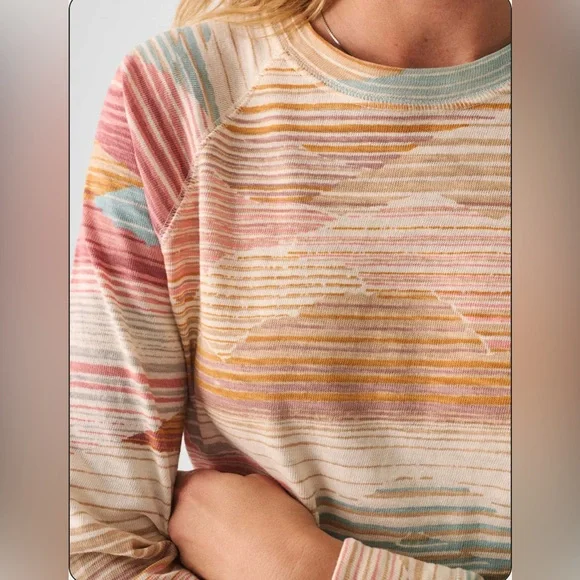 Faherty Sunwashed Slub Crewneck Sweater L Multi Stripe Landscape Raglan Sleeve - Picture 7 of 7